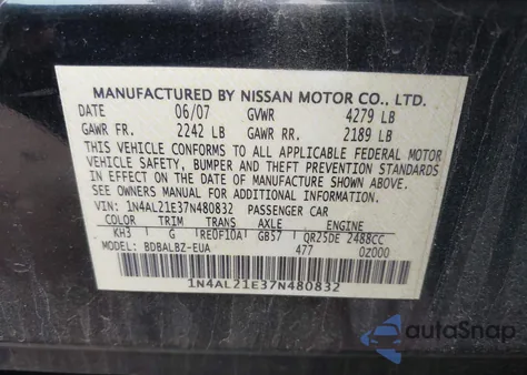 2007 Nissan Altima 2.5 S from USA, damaged, VIN 1N4AL21E37N480832